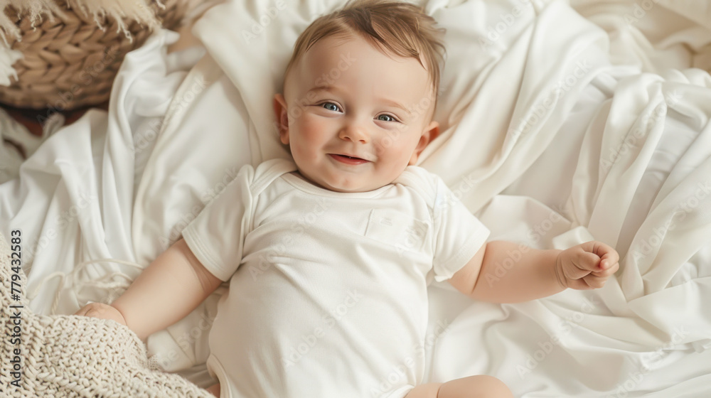 Happy smiling baby wearing bodysuit lies on white bedsheets at home. Top view. Cute smiling little infant on white soft blanket. Baby care, clothing, products, health Happy smiling baby wearing bodysuit lies on white bedsheets at home. Top view. Cute smiling little infant on white soft blanket. Baby care, clothing, products, health