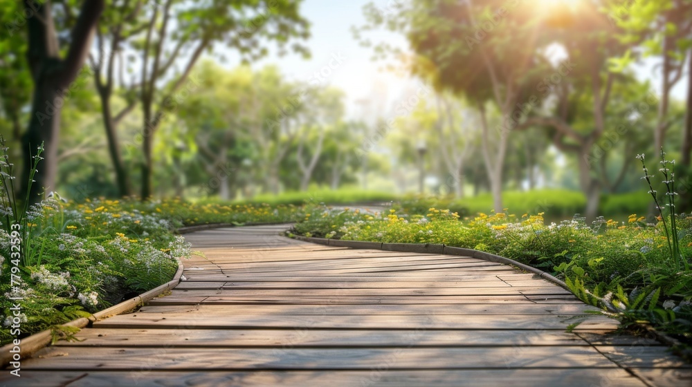 Wooden pathway winding through a charming countryside with a wooden platform background Wooden pathway winding through a charming countryside with a wooden platform background