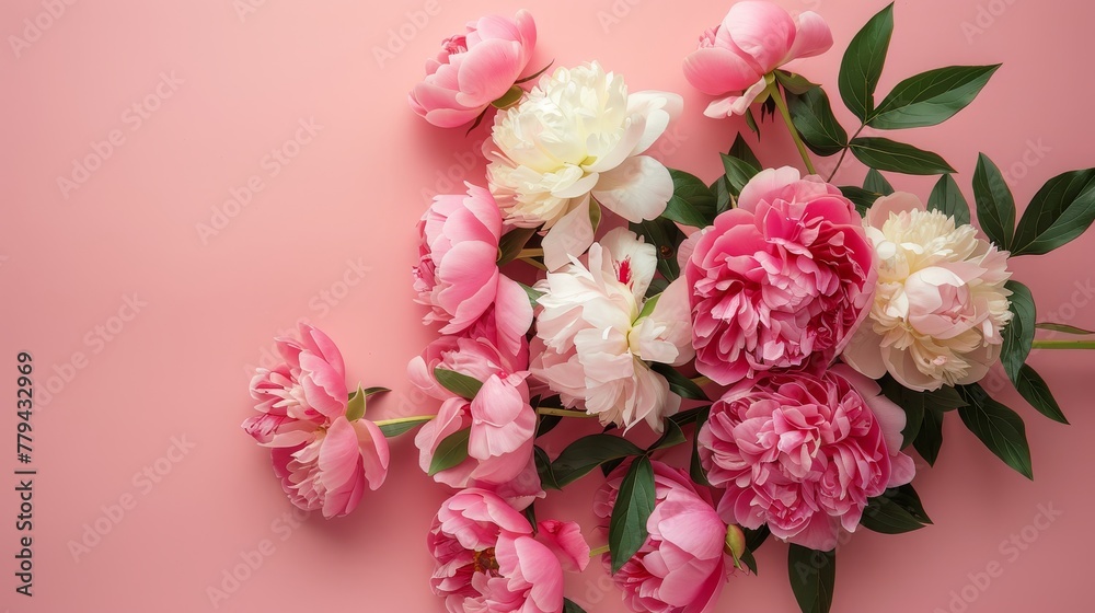 A beautiful arrangement of peonies and roses on a soft pink background with plenty of space for text AI generated illustration A beautiful arrangement of peonies and roses on a soft pink background with plenty of space for text AI generated illustration