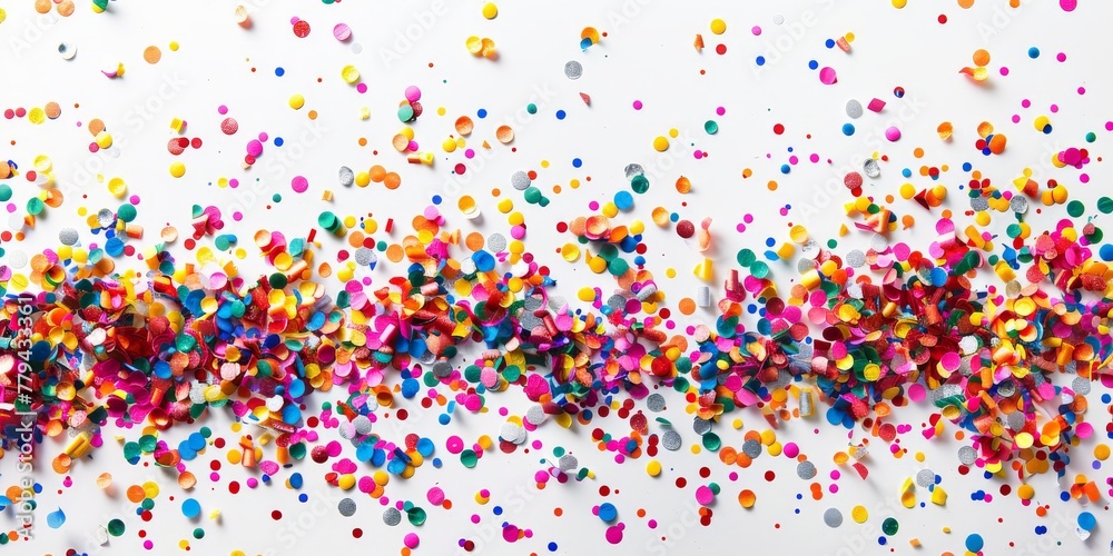 Colorful glitter scattered along the bottom edge of a white backdrop, creating an elegant and creative visual.