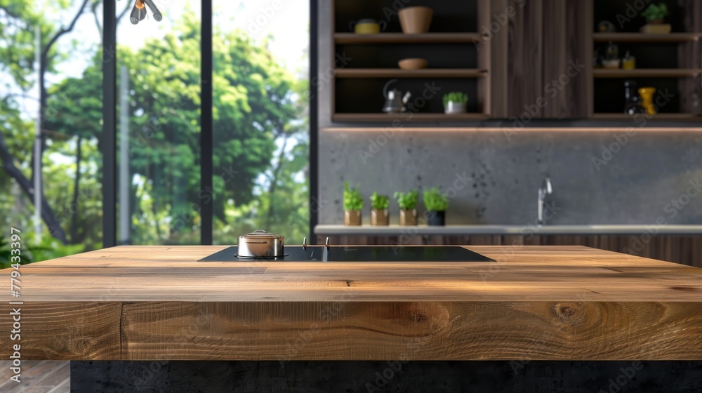 Wooden platform with kitchen background