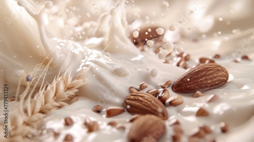 A breathtaking representation of realism in a white milk backdrop with almond cocoa and wheat details   AI generated illustration