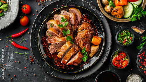 Traditional roasted turkey with herbs and sauce. Baked duck breast with aromatic herbs and spices on a black plate on dark background. Restaurant menu, recipe. Baked chicken with vegetables