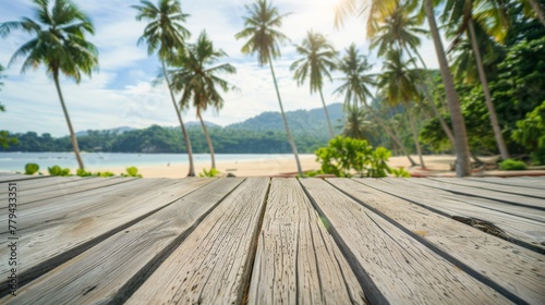 Wooden platform with coconut tree background  island background