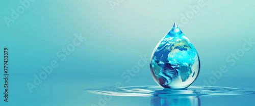 A drop of water with the Earth inside, against a blue background, concept for World Water Day and environment protection