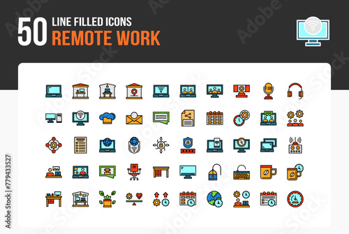 Set of 50 Remote Work icons related to Laptop, Home office, Work from home, Remote location, Webcam Line Filled Icon collection