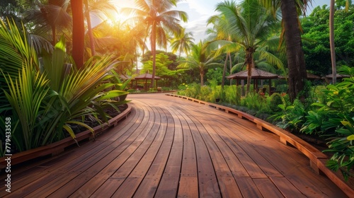 Wooden walkway winding through a tropical paradise with a wooden platform background