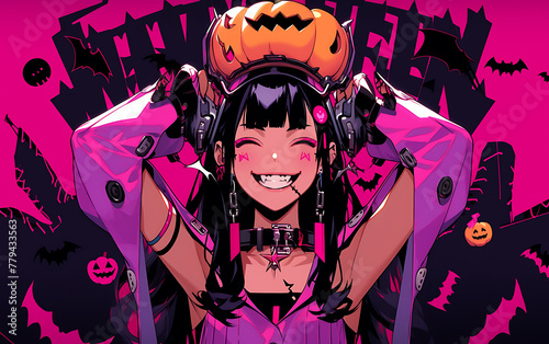 Crazy demon cyberpunk anime girl zombie digital painting. woman evil dark Halloween theme. generative ai 