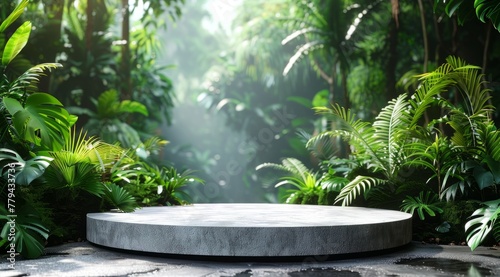 A modern podium for product design against the backdrop of a tropical forest
