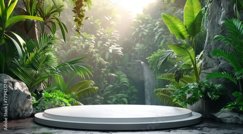 A modern podium for product design against the backdrop of a tropical forest
