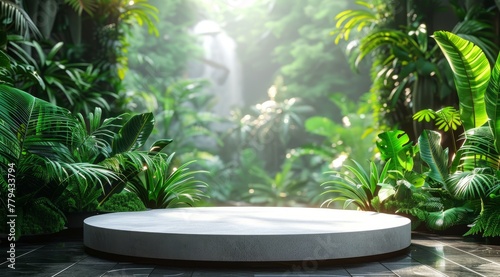 A modern podium for product design against the backdrop of a tropical forest
