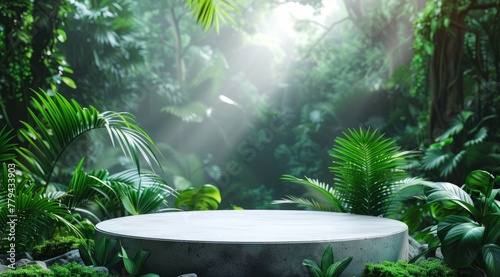 A modern podium for product design against the backdrop of a tropical forest
