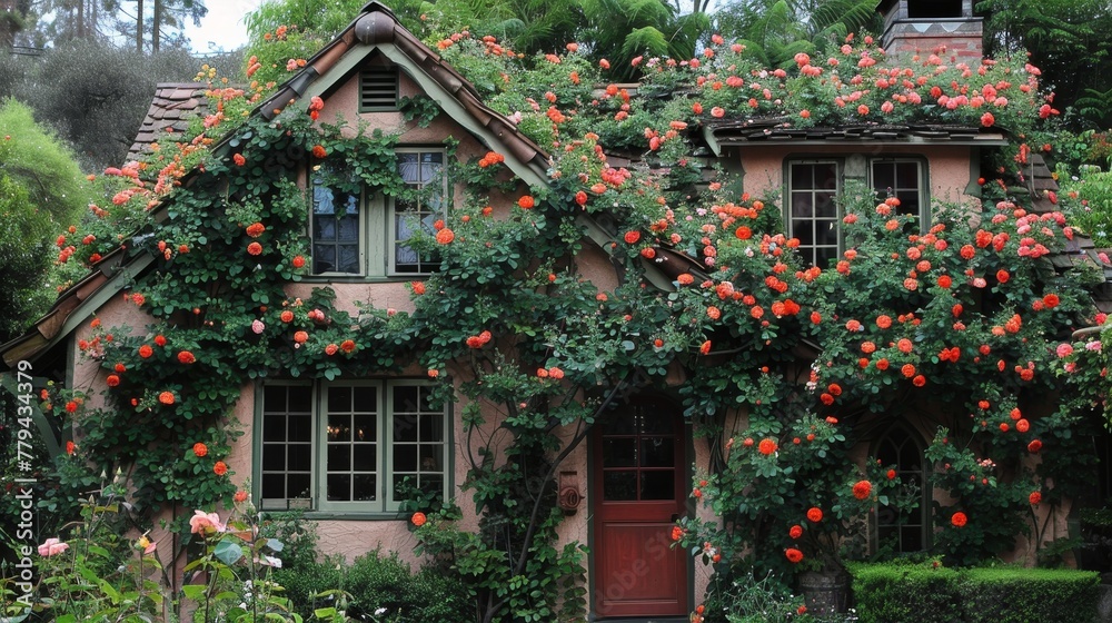 A charming cottage covered in ivy and surrounded by blooming roses  AI generated illustration