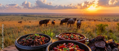 A South African safari lodge setting with a spread of biltong, bobotie in a traditional clay dish, and bunny chow filled with spicy curry. photo