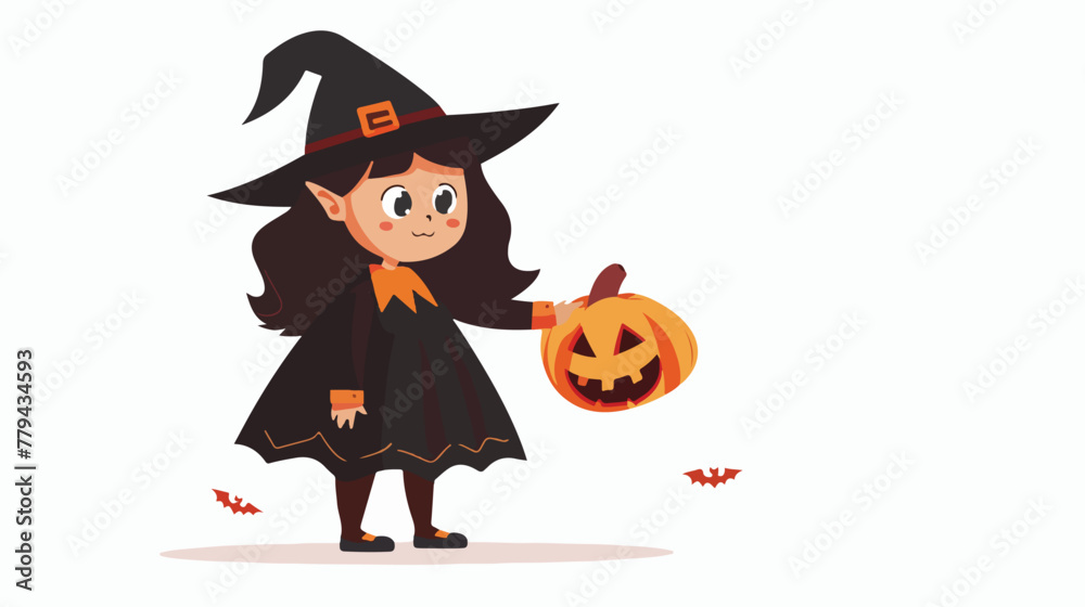 Little girl in a costume of vampire holding a pumpkin