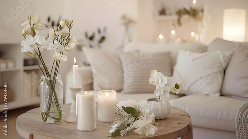 Modern boho interior of living room in cozy apartment. Simple cozy living room interior with white sofa, decorative pillows, on the table a vase with flowers, candles, living room, light colors © Gita