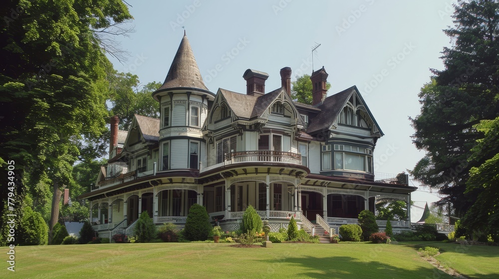 A classic Victorian mansion with turrets and wraparound porch   AI generated illustration