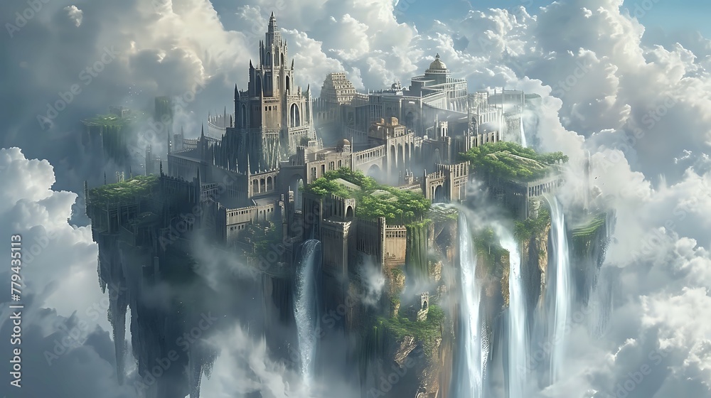 Fototapeta premium Enchanted Cascade of the Skyward Metropolis./n