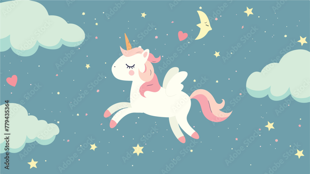 Magic cute white unicorn flying in the sky with stars