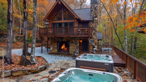 A cozy mountain cabin with a stone fireplace and hot tub AI generated illustration