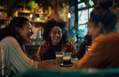 Women Gathered for Coffee and Laughter at Cafe Table