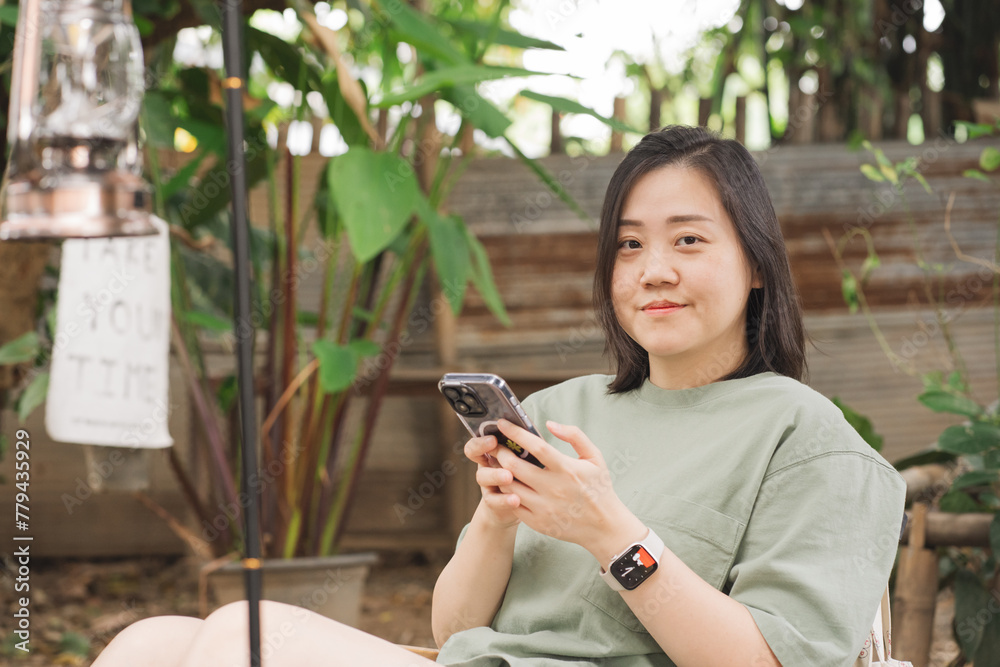 people activity with solo asian woman happy and relax during outdoor camping people activity with solo asian woman happy and relax during outdoor camping