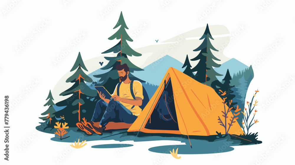 Man sitting at camp. flat vector isolated on white background