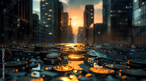 Mesmerizing Cityscape at Dusk with Glowing Skyscrapers and Reflective Surfaces