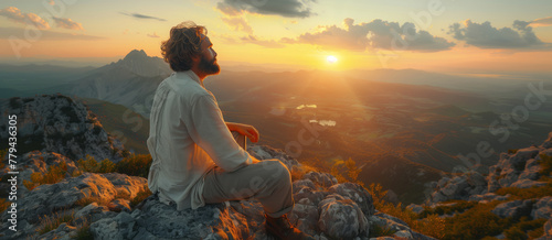 A man is peacefully sitting on a mountain peak, admiring the sunset over the horizon. The sky is painted with colorful clouds, creating a serene atmosphere in the ecoregion photo