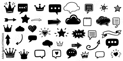 Hand drawn design elements set to decorative black line icon outline doodle vector illustration