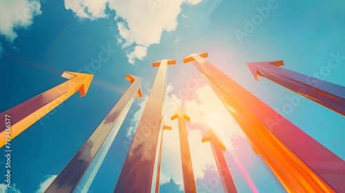 Upward Arrows Reaching Towards Bright Sky and Sunlight Against Blue Clouds,Symbolizing Ambition,Growth,and Potential