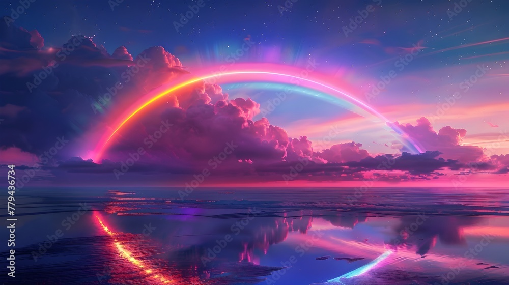 Ethereal Sunset Seascape with Luminous Rainbow Reflection on Tranquil Ocean