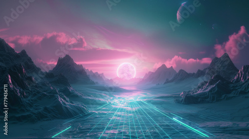 A synthwave landscape with an endless grid road leading to the sun, cyberpunk mountains and space in the background © wanna
