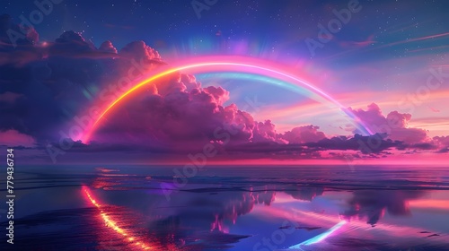 Ethereal Sunset Seascape with Luminous Rainbow Reflection on Tranquil Ocean © pkproject