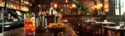 A rustic Cuban bar setting, with close-up shots of ropa vieja, black beans and rice, and tostones served on wooden tables, complemented by mojitos and the dim, warm lighting of a Havana night. photo