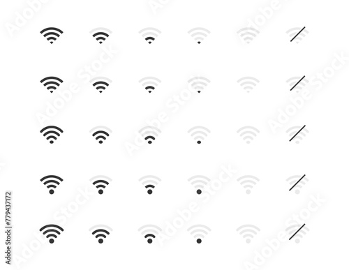 Wi-Fi network connection level vector icon set. Wireless internet communication signs for mobile device interface. Web router cyberspace illustration isolated. No signal status.