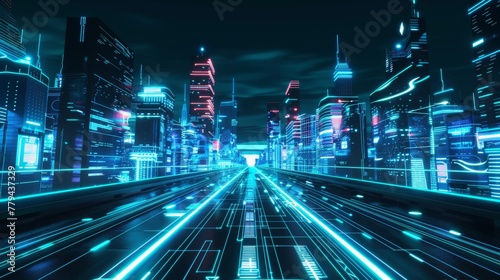 Tracing the neon trail through a cityscape of skyscr AI generated illustration photo