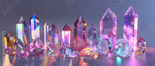 Multicolored crystal stones and diamonds on studio background.