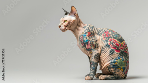 Hairless sphynx cat hipster with Tattoos on its body sitting on grey background. Copy space. Tattoo salon, trendy hipster poster, creative greeting card, calendar. Tattooing fashion