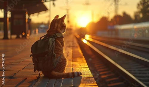 Cat sitting on train platform at sunset