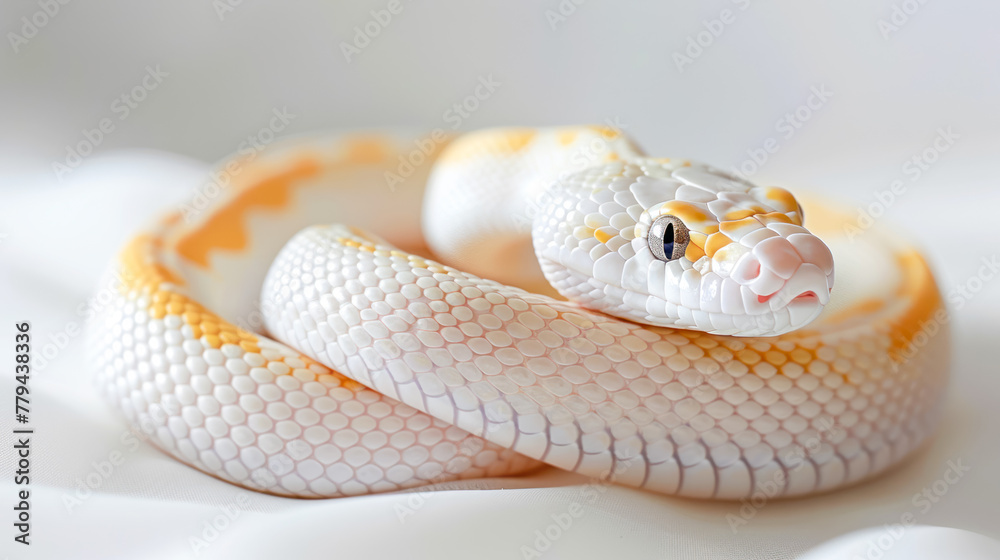 Fototapeta premium Cute white golden snake on white background. Symbol of the 2025 New year gorgeous snake for calendar, greeting card design, poster. Close up. Chinese 2025 new year