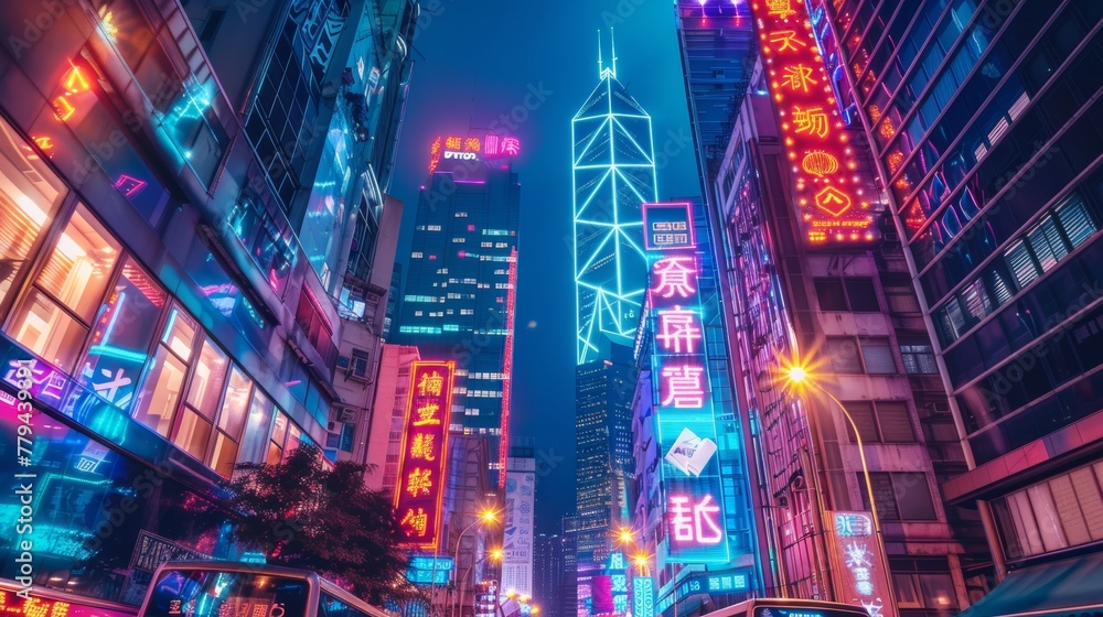 Vibrant neon lights illuminating the towering skyscr  AI generated illustration