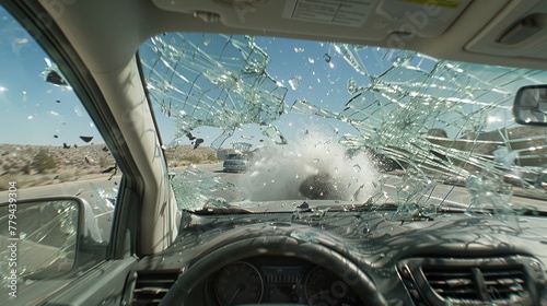 Inside view of a car crash in motion, concept of the suddenness of road accidents and driver safety photo