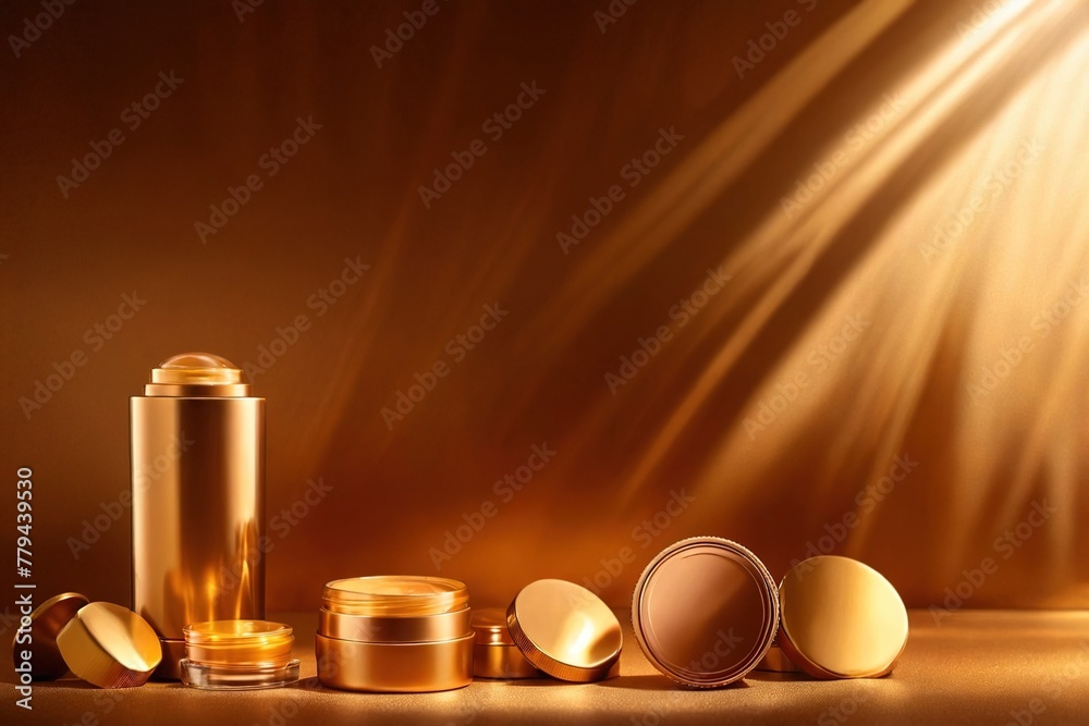 Product packaging mockup photo of Composition of cosmetic packaging mockups. Gold bottle caps. Skin care product presentation. Elegant mockup. Beauty and spa. Warm shadows, copy space., studio adverti