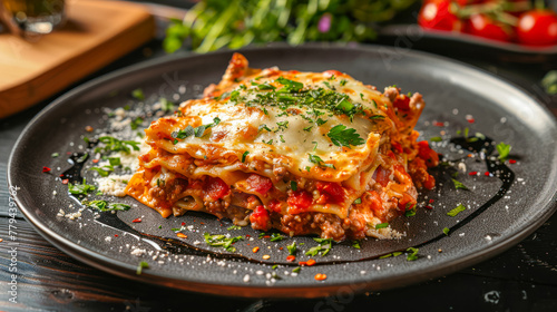 Piece of tasty hot lasagna on black plate on dark background. Italian cuisine, menu, recipe. Homemade meat lasagna. Traditional lasagna with bolognese sauce. Side view close up