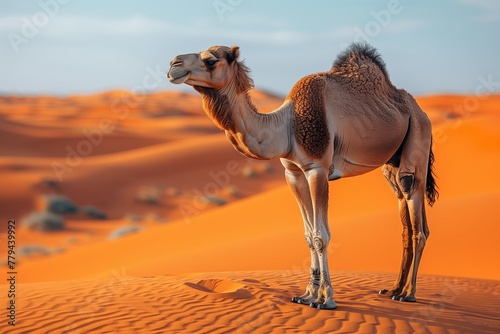 A Camel, a terrestrial animal, is standing in the middle of a desert landscape with sand dunes, the horizon blending into the sky, an aeolian landform photo