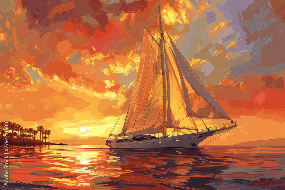 A luxurious yacht elegantly navigating the water under a radiant sunset, with billowing cream sails and a warm palette of sunset colors adding to the picturesque scene.