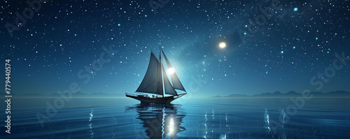 An elegant yacht under a starlit sky, its sails shimmering in the moonlight against calm waters, capturing the tranquility of a nocturnal ocean journey.