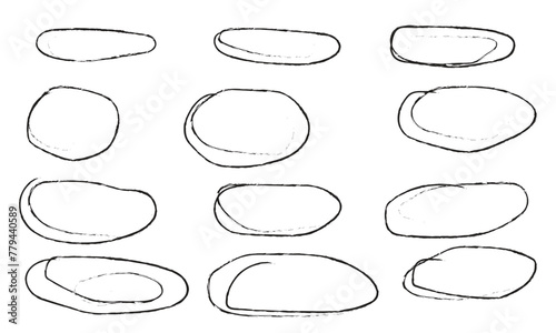 Handdrawn doodle circle highlights. Brush marker pen round ovals. Scribble horizontal ellipse inrounder. Round scrawl frames. Vector illustration of freehand painted circular note