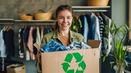 Happy middle aged woman holding cardboard recycling box with clothes. Used clothes. Ecological and sustainable fashion. Fabrics recycling. reduce waste concept. conscious clothing consumption